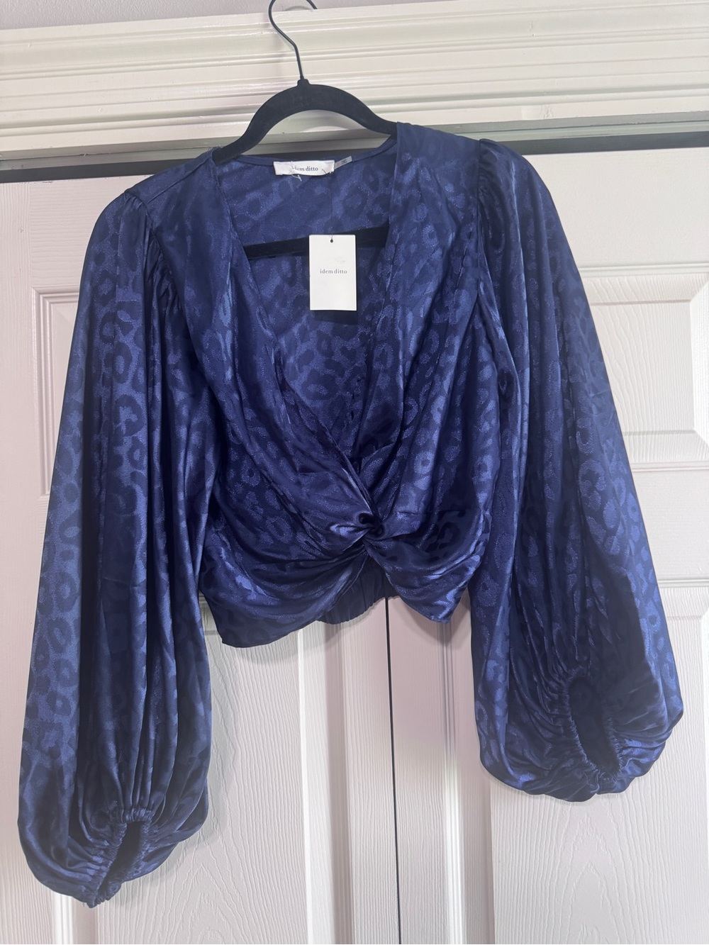 Iden & Olin Navy Satin Twist-Front Blouse with Bishop Sleeves